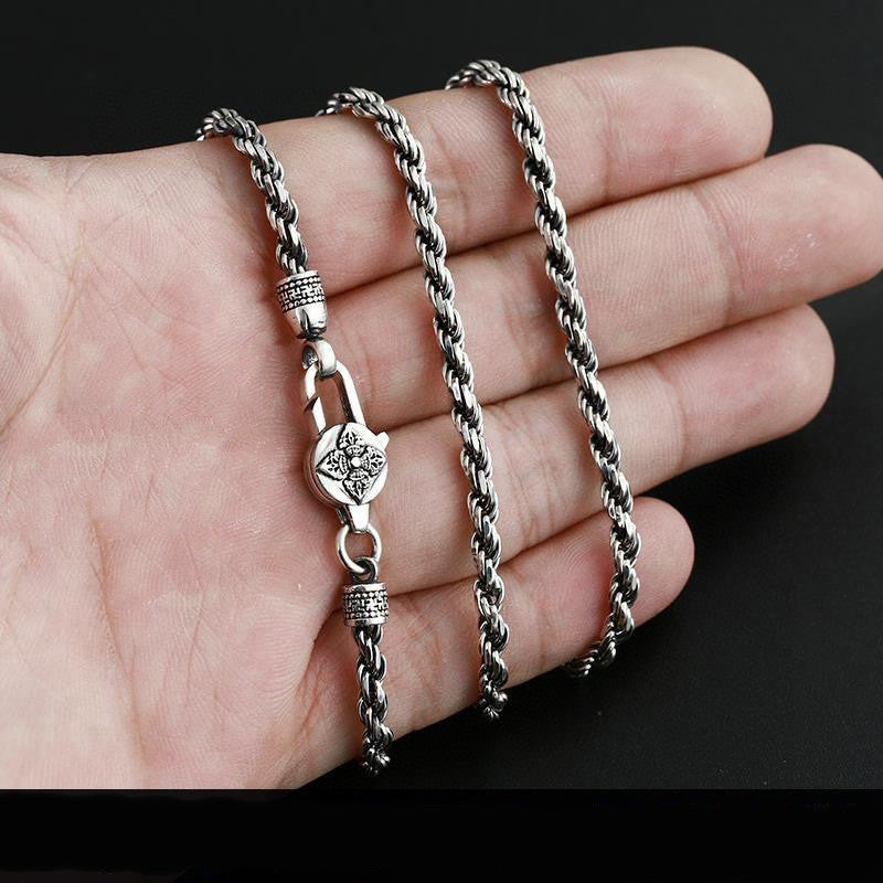 Men’s Fashion Simple Vintage Six Character Necklace – Geometric Silver Pendant in Multiple Lengths
