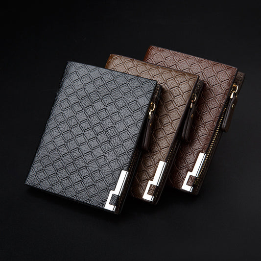 Men’s Short Business Wallet – Embossed PU Leather Plaid Design