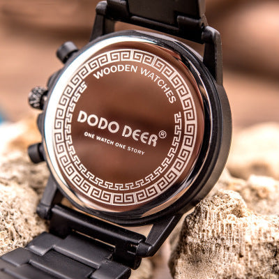 Luxury Men's Wood Chronograph Watch – Quartz Movement, Auto Date, Stainless Steel Strap