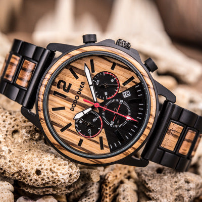 Luxury Men's Wood Chronograph Watch – Quartz Movement, Auto Date, Stainless Steel Strap