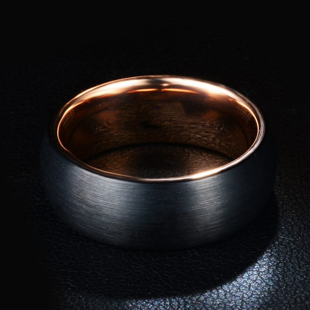 Men’s 8mm Black Stainless Steel Ring with Rose Gold Accent – Fashion Statement Band for Men