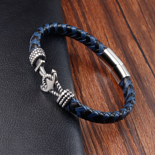 Men’s Leather Braided Anchor Bracelet – Titanium Steel Nautical Wristband, 21CM