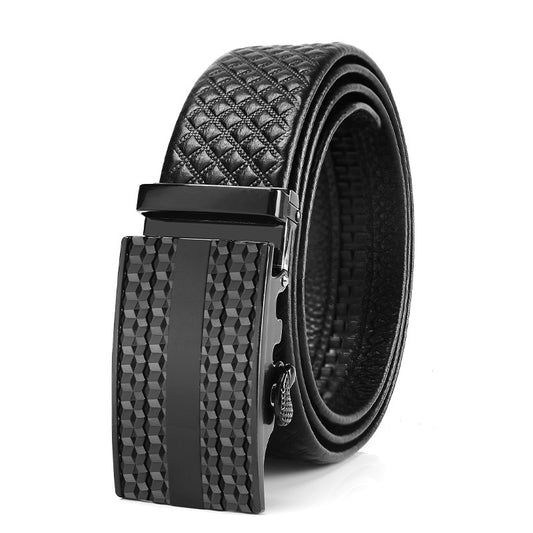 Genuine Leather Automatic Buckle Belt – First Layer Cowhide with Plaid Design