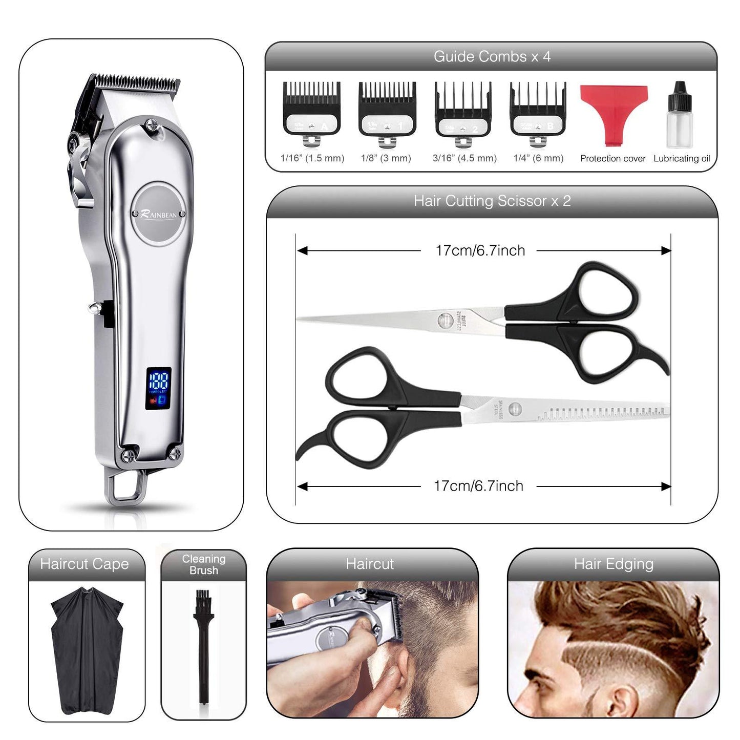 Men Hair Trimmer 3 in 1 – IPX7 Waterproof Cordless Beard & Hair Clipper with LED Display & USB Rechargeable