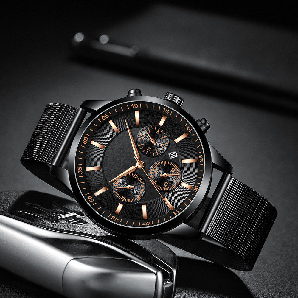 Men’s Waterproof Mesh Strap Quartz Watch – Casual Fashion Calendar Watch with Mineral Glass Lens