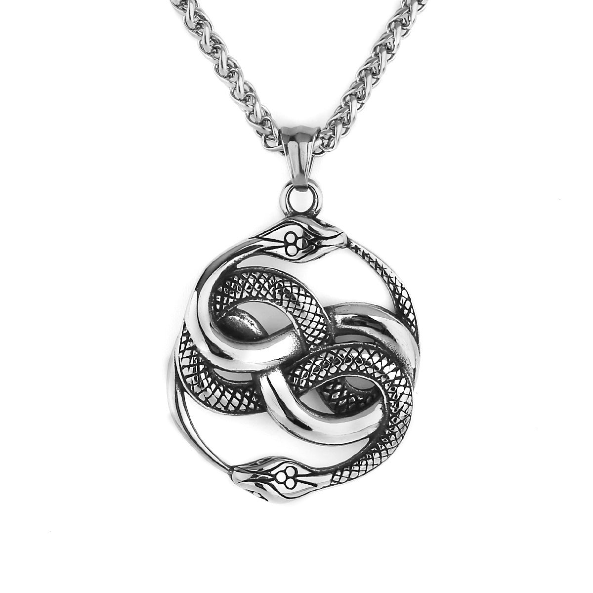 Men’s Fashion Double Snake Staff Pendant Necklace – Titanium Steel Electroplated Jewelry in Gold or Steel
