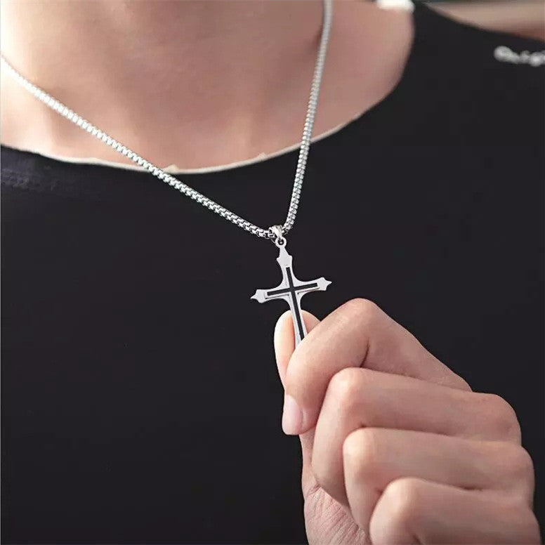 Men’s Stainless Steel Cross Pendant Necklace – Geometric Unisex Design with Modern Details