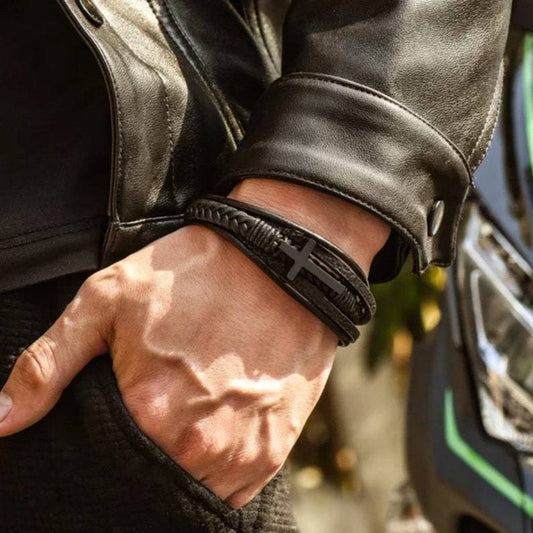 Men’s Stainless Steel Cross Fashion Bracelet – Minimalist Leather & Steel Plated Band, Black & Steel