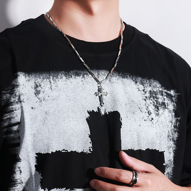 Men’s Stainless Steel Cross Necklace with Diamond Accent – Fashion Silver Pendant Chain (50CM/55CM)