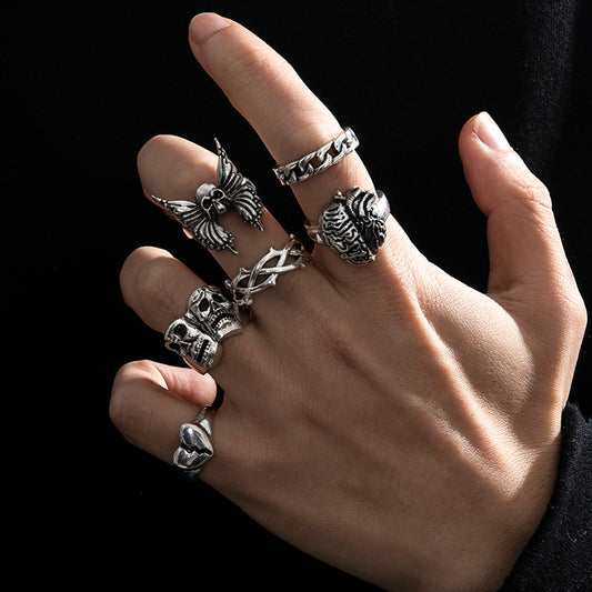Men’s Fashion 6 Ring Bundle Vintage Exaggerated Skull Hollow Brain Love Necronomicon Ring