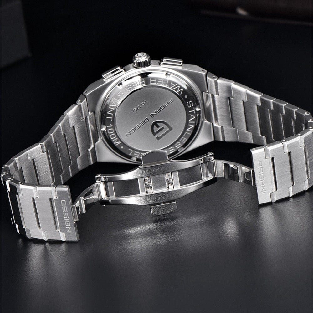 Men’s Blue Chronograph Quartz Watch – 100ATM Waterproof, Luminous Dial, Sapphire Glass, Stainless Steel Band