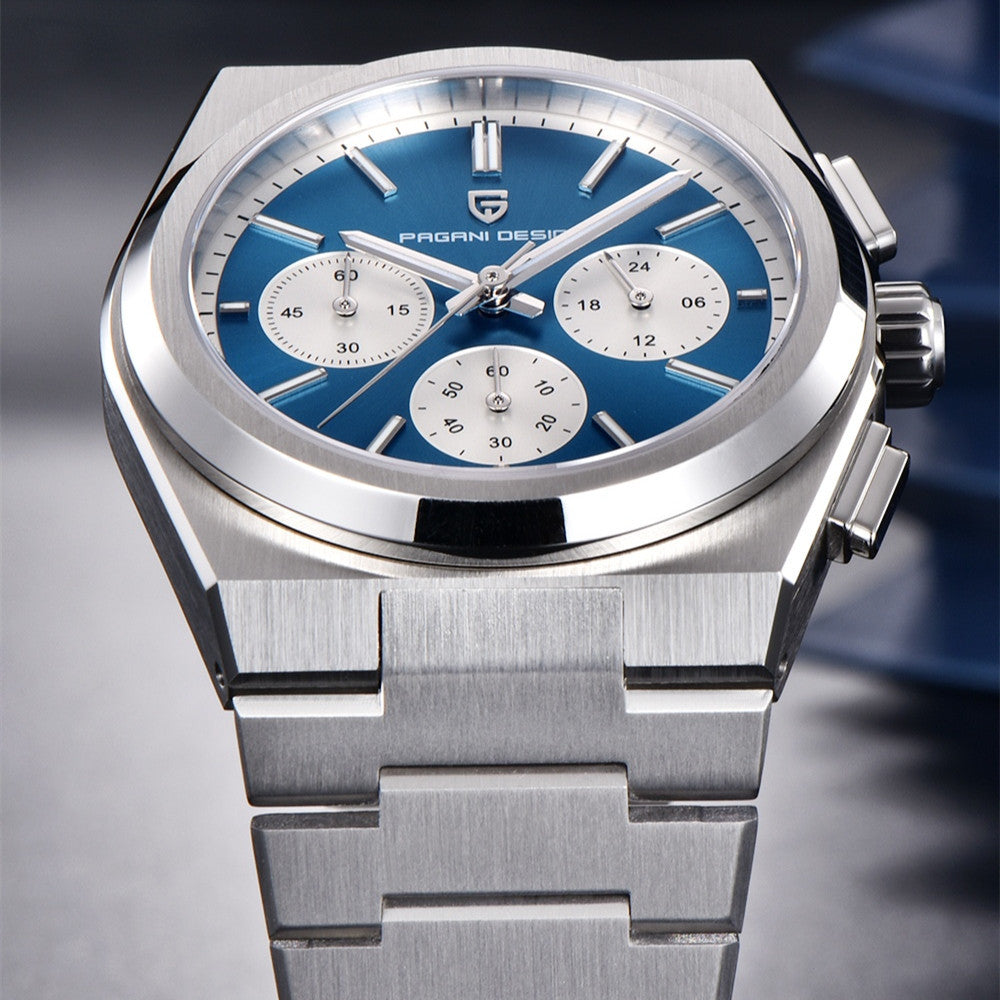 Men’s Blue Chronograph Quartz Watch – 100ATM Waterproof, Luminous Dial, Sapphire Glass, Stainless Steel Band