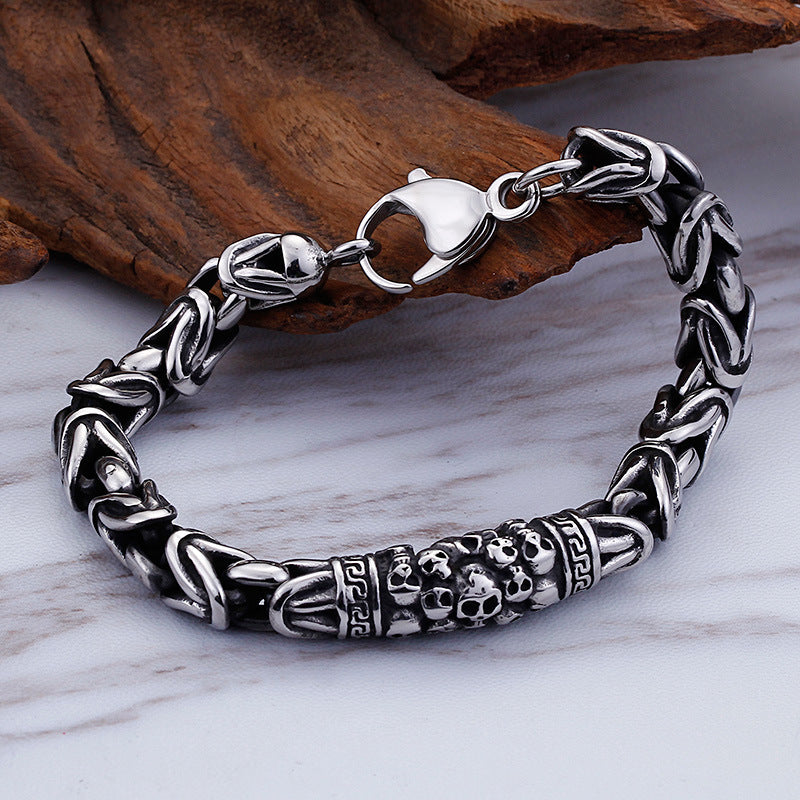 Men’s Gothic Skeleton Punk Metal Braided Chain Bracelet – Black Titanium Steel