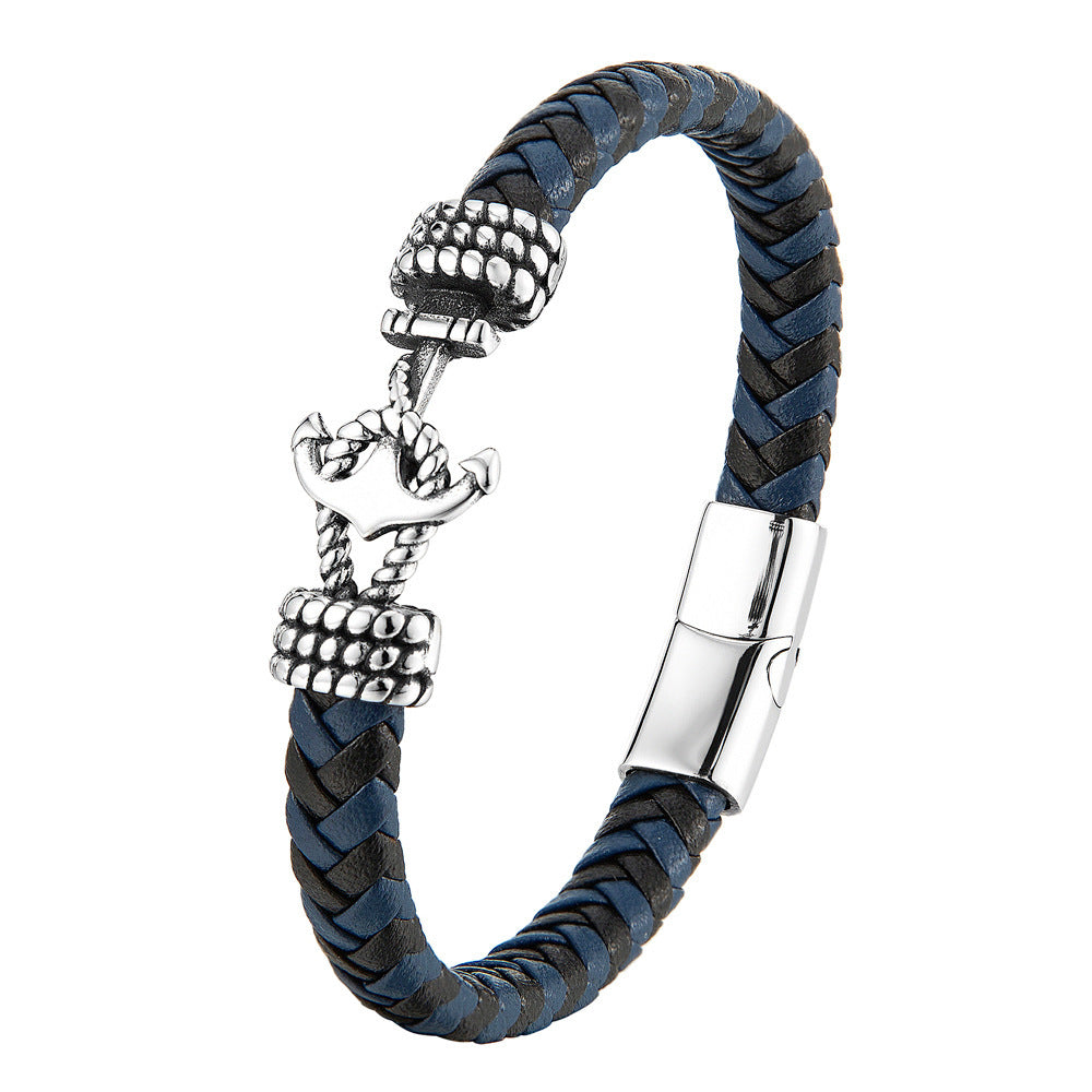Men’s Leather Braided Anchor Bracelet – Titanium Steel Nautical Wristband, 21CM