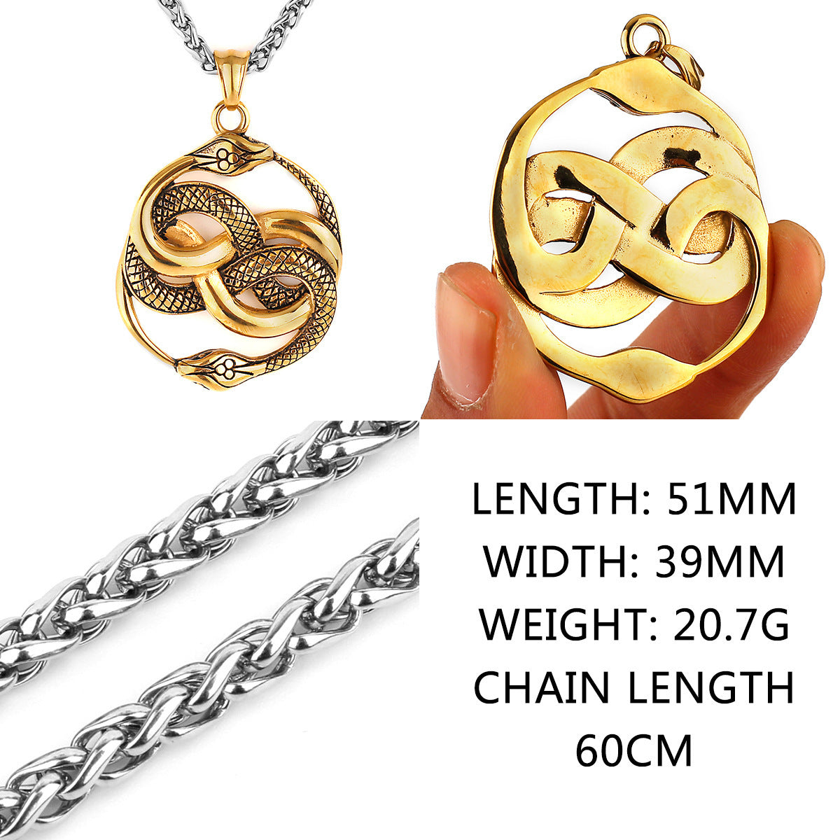 Men’s Fashion Double Snake Staff Pendant Necklace – Titanium Steel Electroplated Jewelry in Gold or Steel