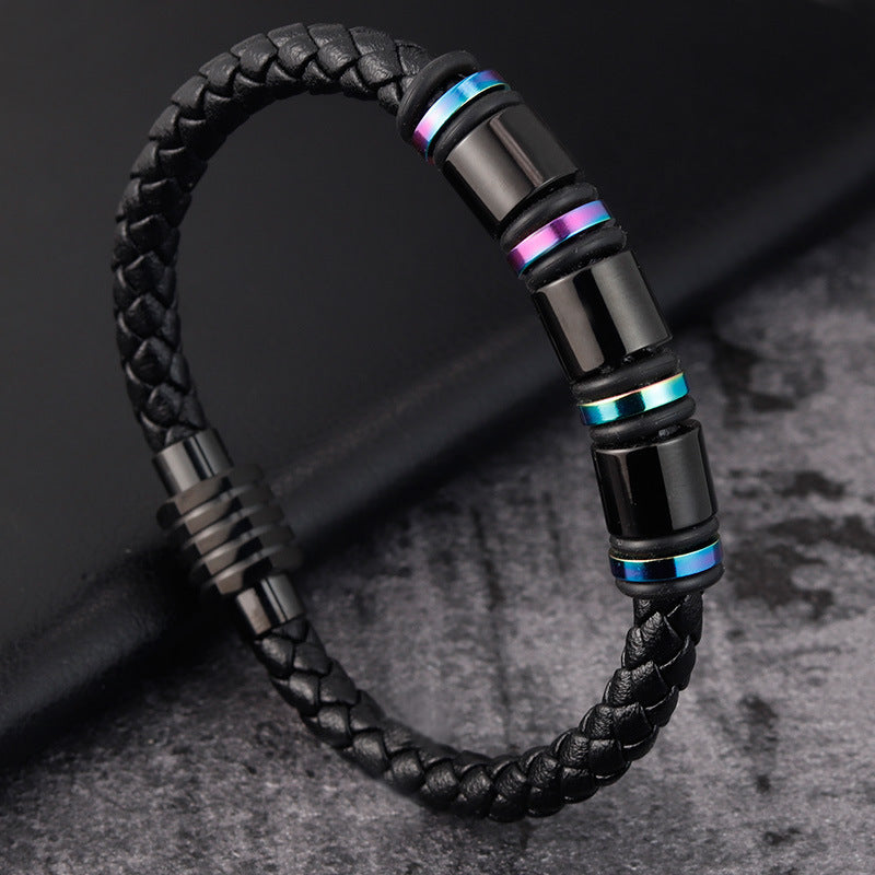 Men’s Leather Bracelet – Simple Geometric Design with Titanium Steel Clasp, Polished Finish, 19CM & 21CM