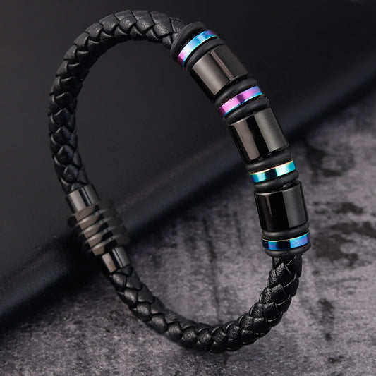 Men’s Leather Bracelet – Simple Geometric Design with Titanium Steel Clasp, Polished Finish, 19CM & 21CM